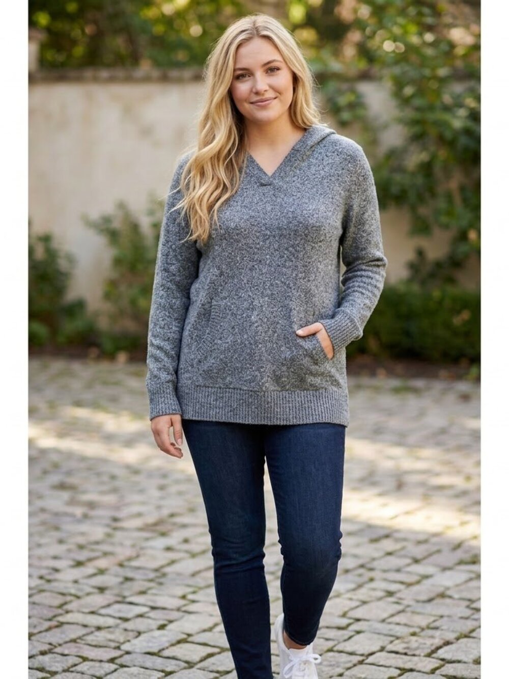 Market & Spruce Grey Heathered Knit Hooded Pullover Sweater With Pockets Size L